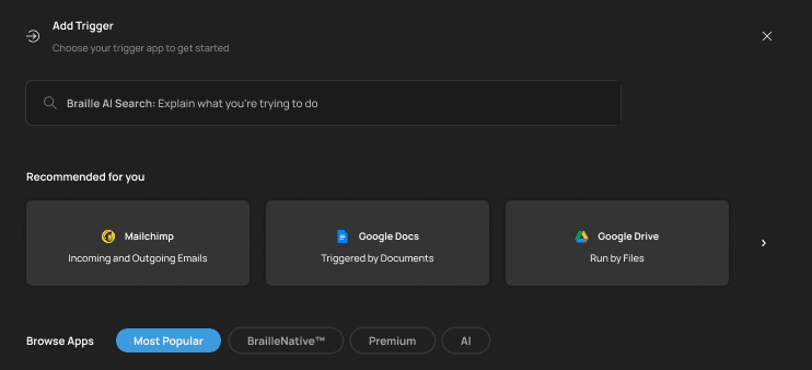 The Add Trigger dialog: a search field, three recommended trigger apps, and the Browse Apps filters.