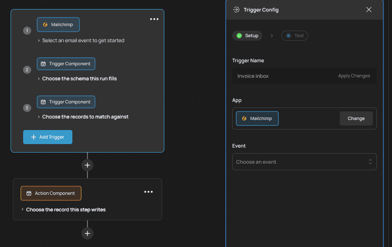 The workflow designer: a trigger block with three steps above an action step, and the trigger config drawer open on the right.